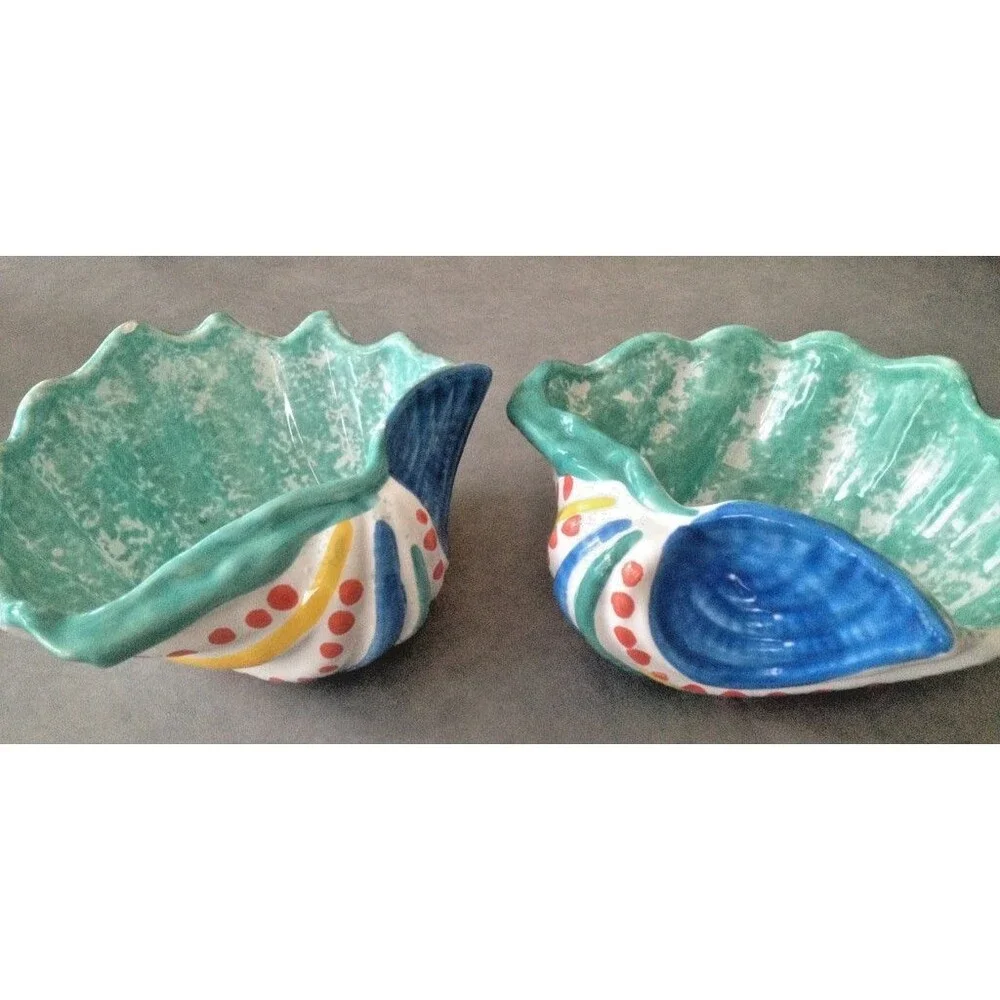 ITALY Shell Bowls Ceramic Conch Clam Set of 2 VINTAGE 80s
